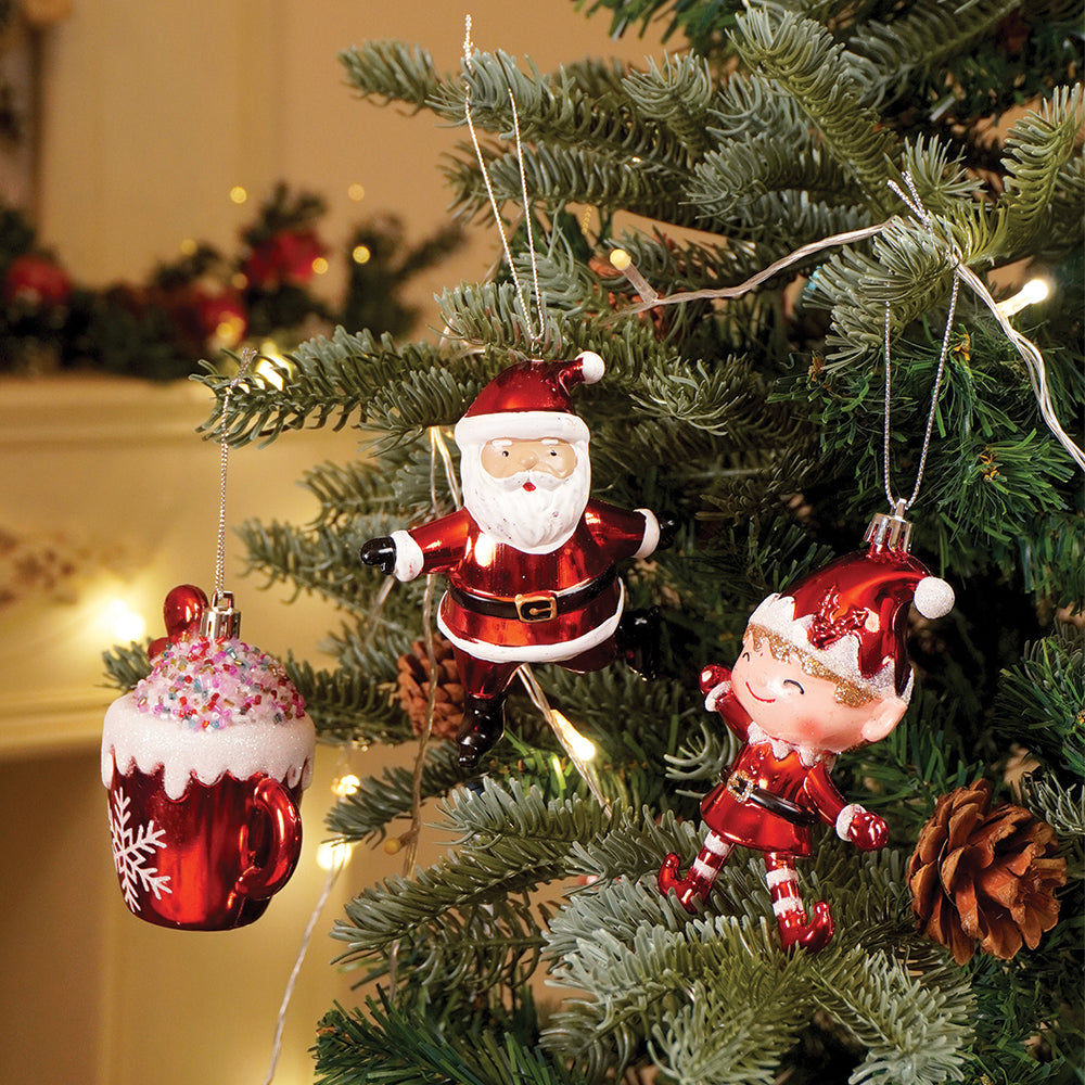 3pcs set of Shiny Red Santa, Elf and  Marshmallow Mug christmas Tree Ornaments