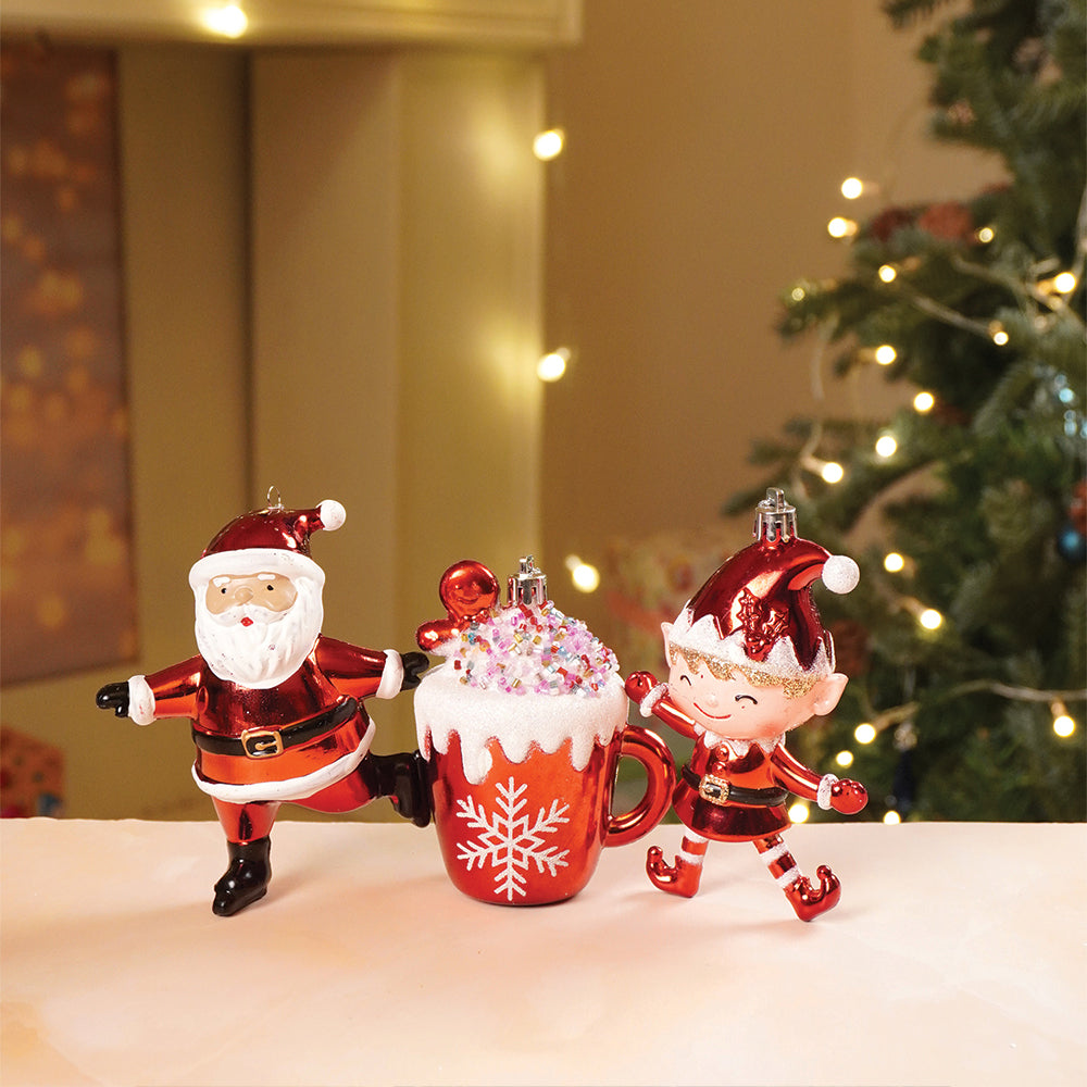 3pcs set of Shiny Red Santa, Elf and  Marshmallow Mug christmas Tree Ornaments