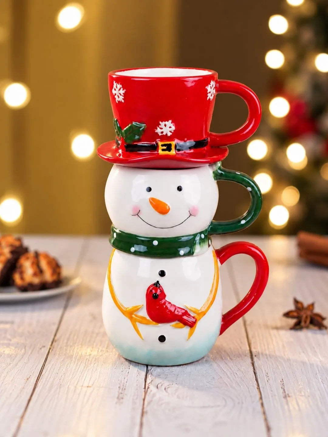 Snowman Themed 3-Piece Stackable Ceramic Christmas Hot Chocolate & Coffee Mugs Set, 9.5 inches ht