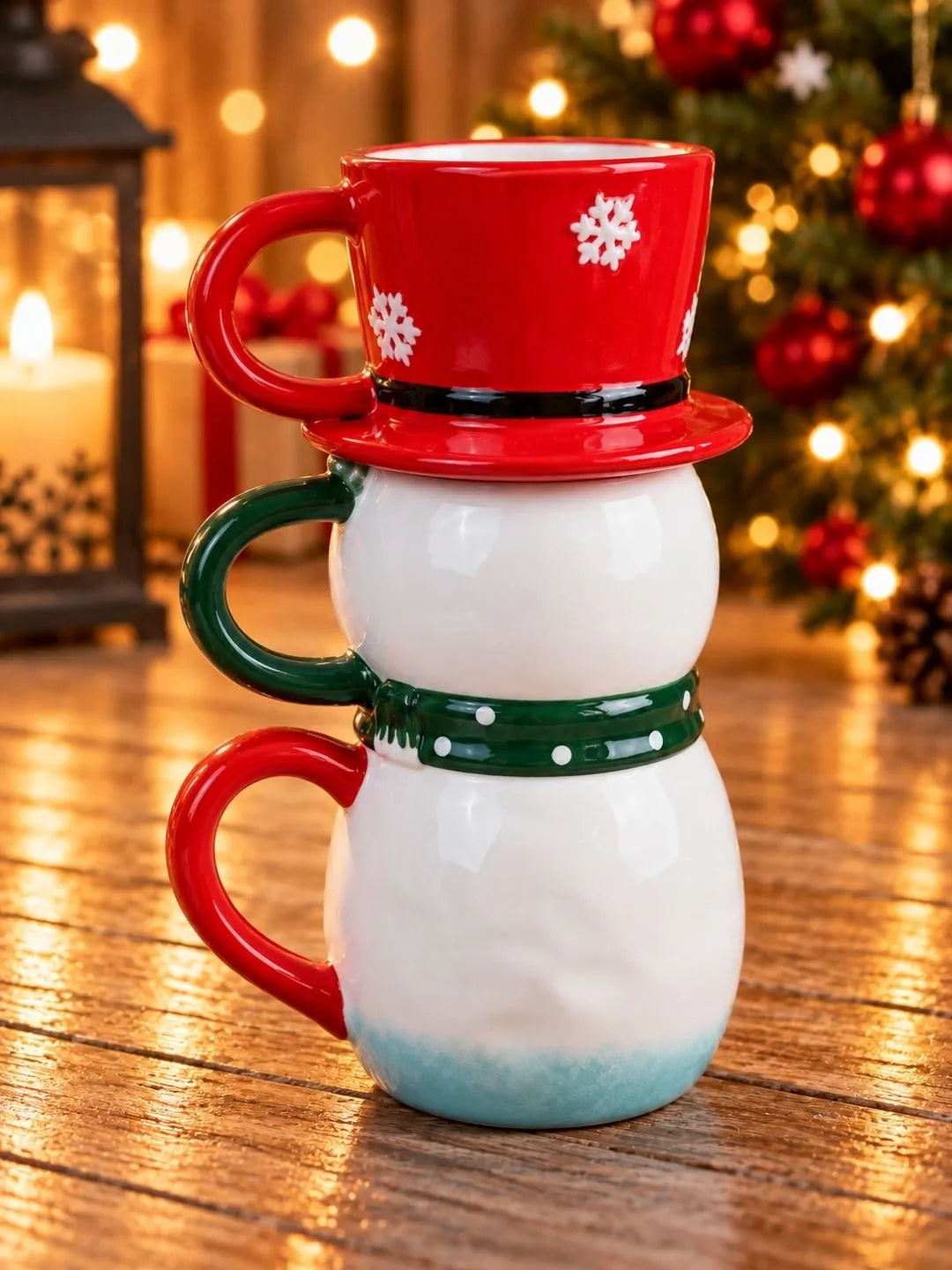 Snowman Themed 3-Piece Stackable Ceramic Christmas Hot Chocolate & Coffee Mugs Set, 9.5 inches ht