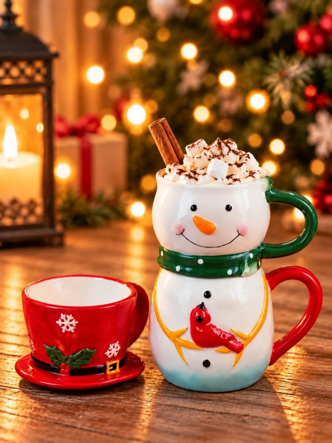 Snowman Themed 3-Piece Stackable Ceramic Christmas Hot Chocolate & Coffee Mugs Set, 9.5 inches ht