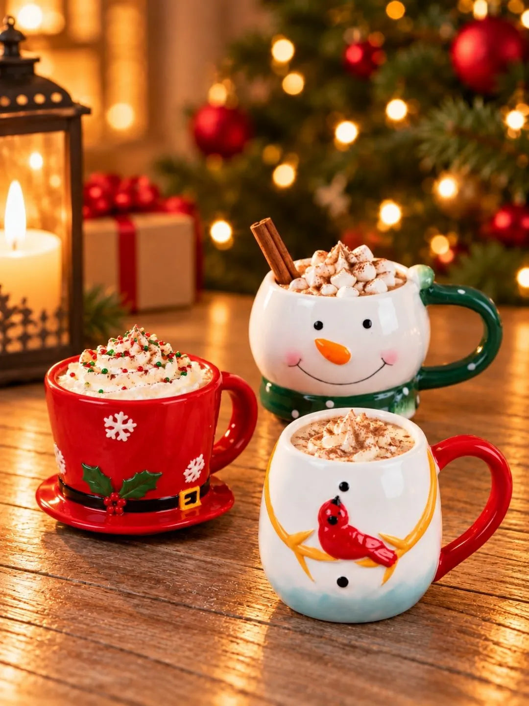 Snowman Themed 3-Piece Stackable Ceramic Christmas Hot Chocolate & Coffee Mugs Set, 9.5 inches ht
