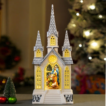 3 Tower Church with Holy Family  Decor with Musical Glitter Water, Rotation &  Light, Christmas Home Décor