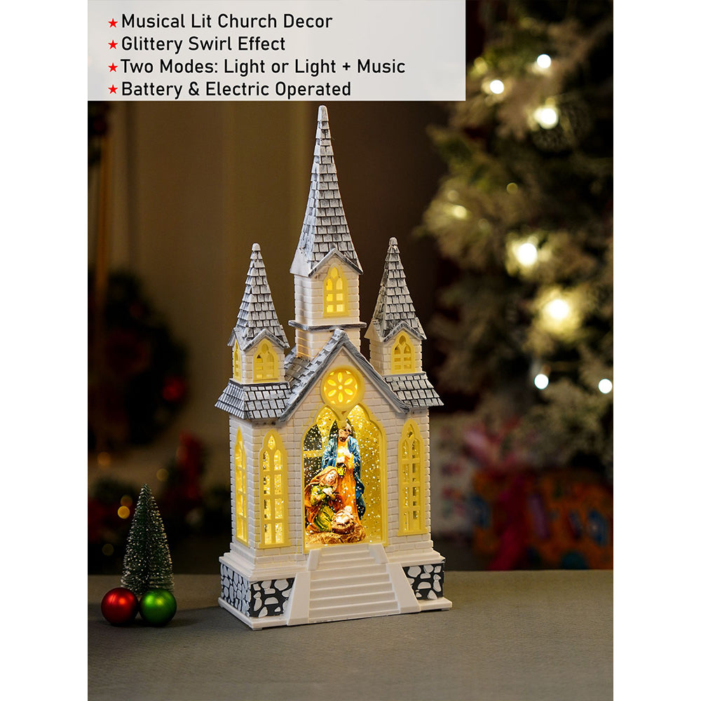 3 Tower Church with Holy Family  Decor with Musical Glitter Water, Rotation &  Light, Christmas Home Décor