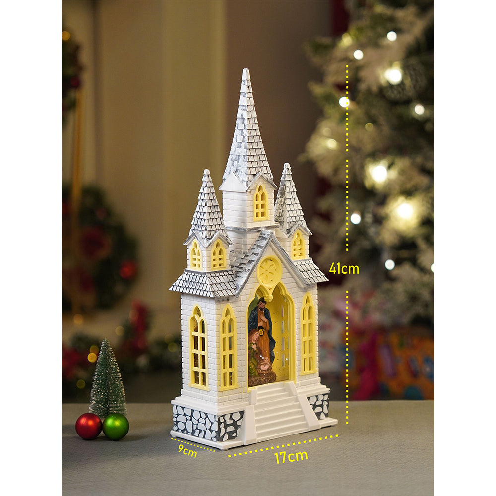 3 Tower Church with Holy Family  Decor with Musical Glitter Water, Rotation &  Light, Christmas Home Décor