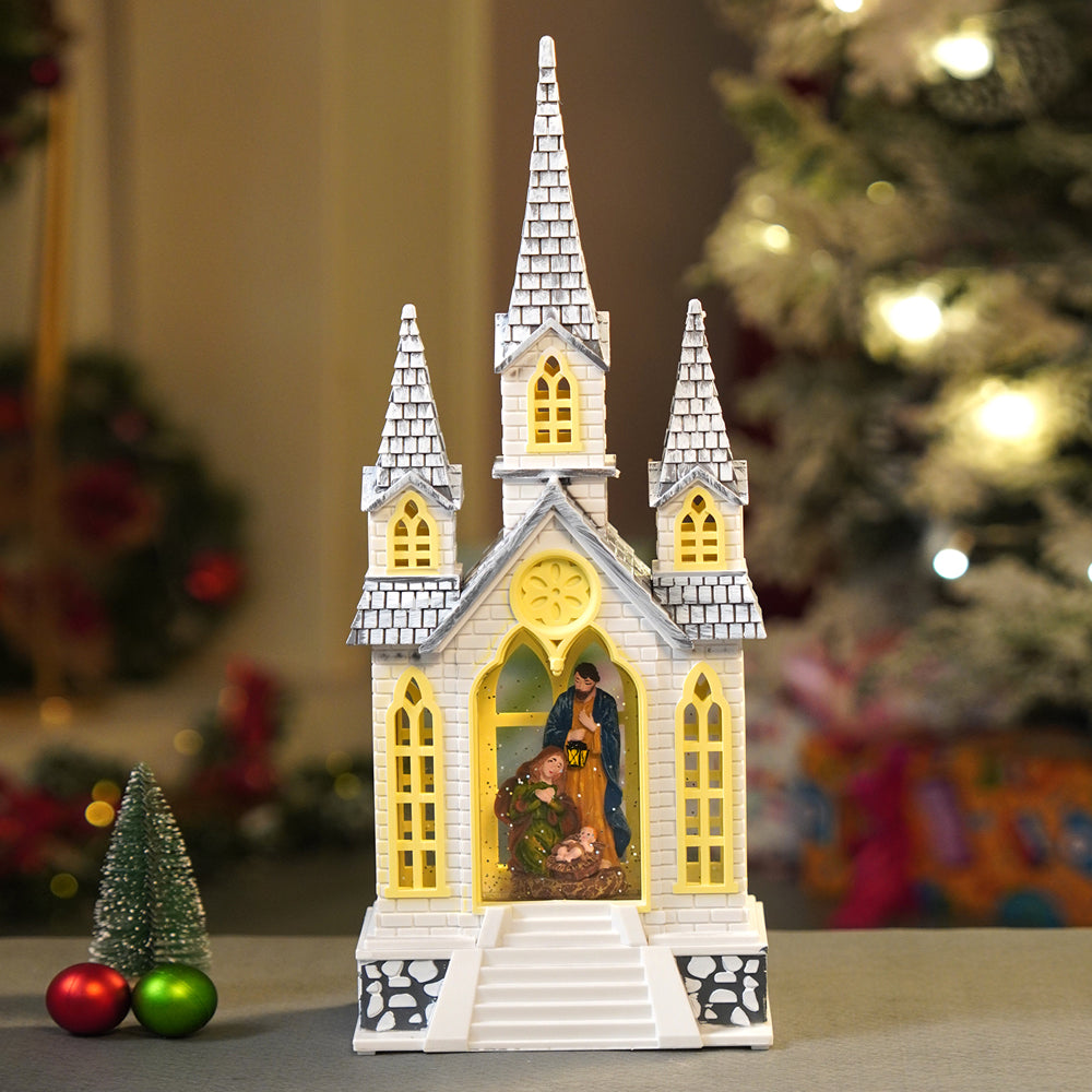 3 Tower Church with Holy Family  Decor with Musical Glitter Water, Rotation &  Light, Christmas Home Décor