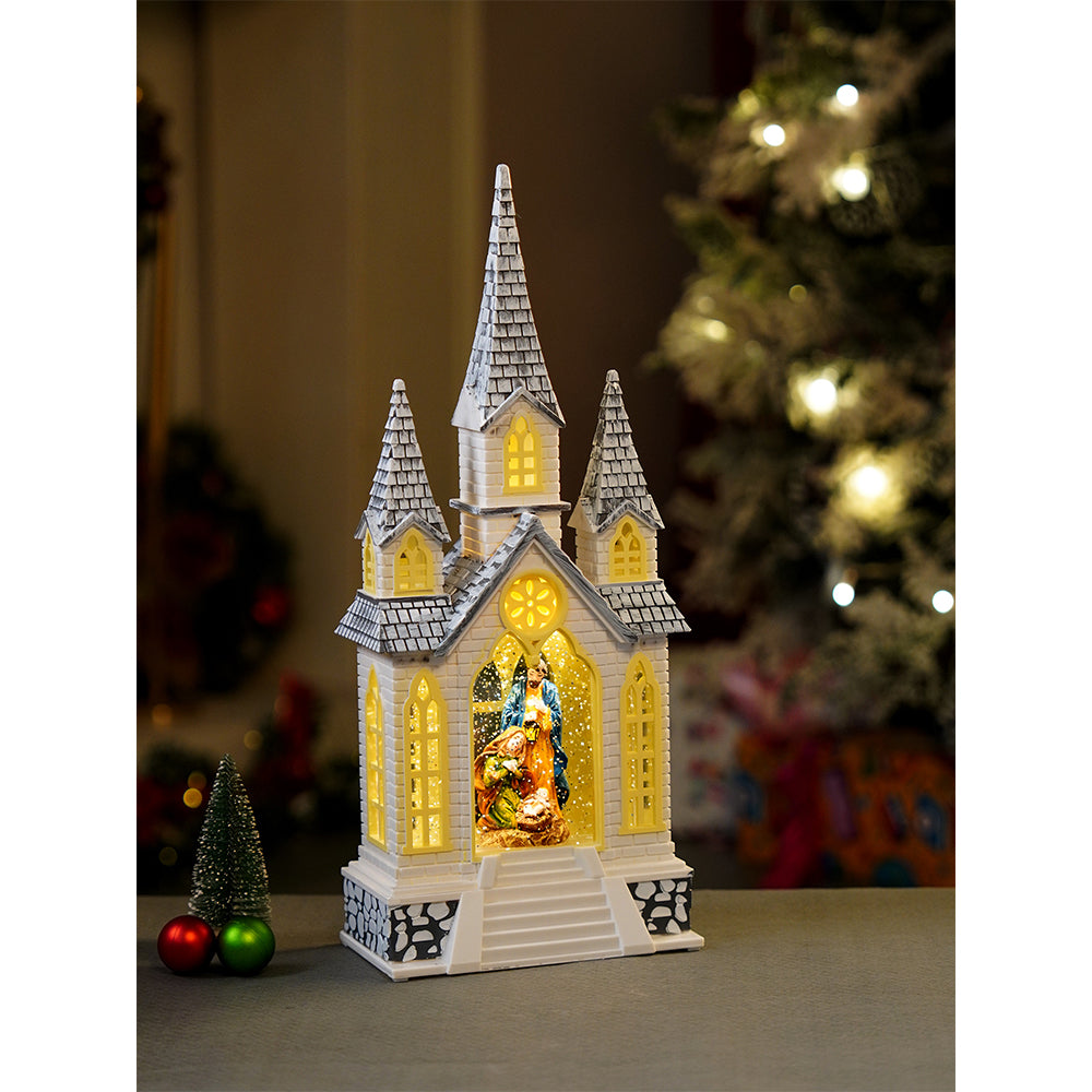3 Tower Church with Holy Family  Decor with Musical Glitter Water, Rotation &  Light, Christmas Home Décor