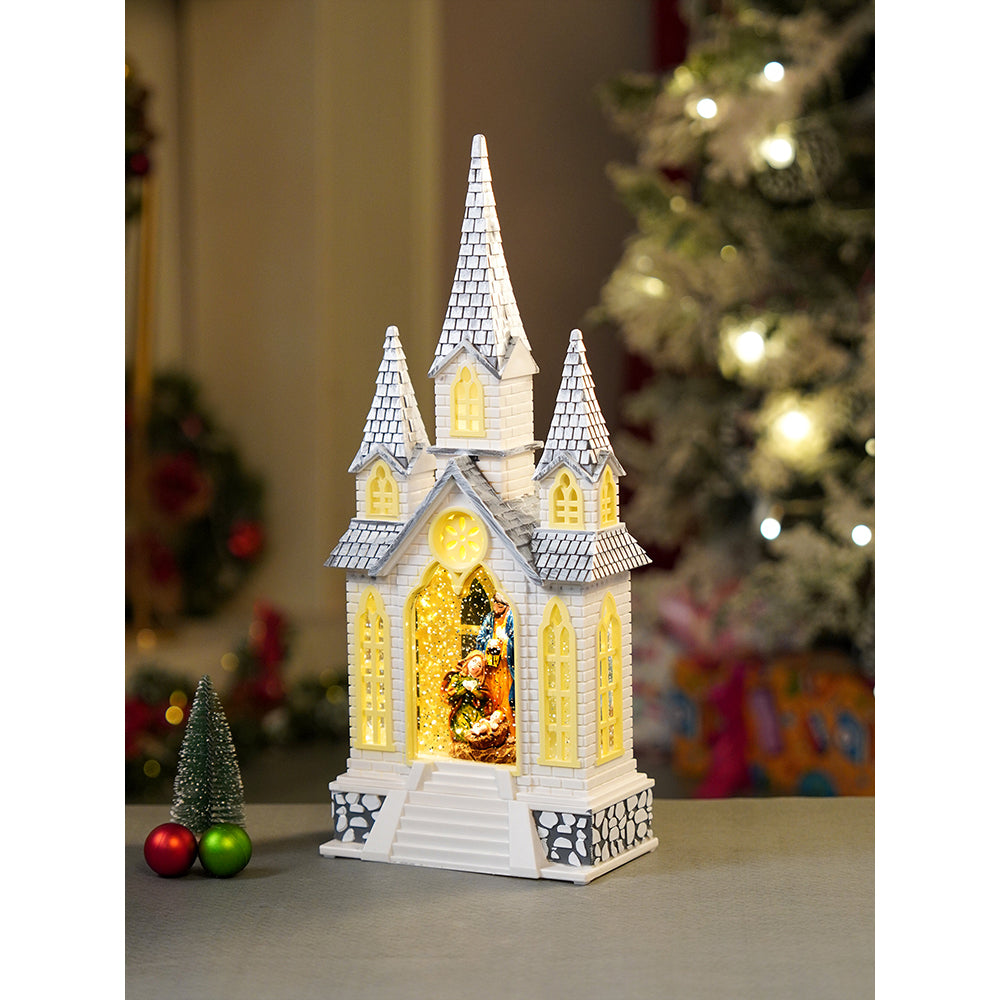 3 Tower Church with Holy Family  Decor with Musical Glitter Water, Rotation &  Light, Christmas Home Décor
