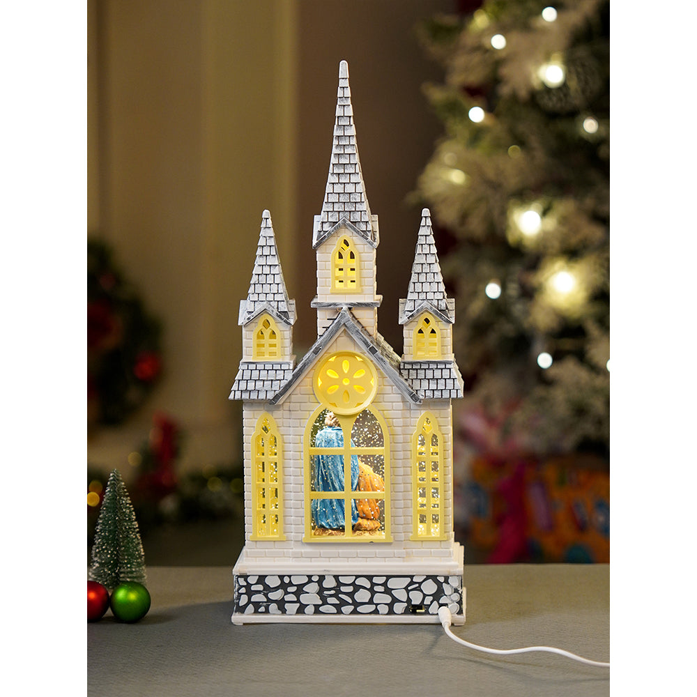 3 Tower Church with Holy Family  Decor with Musical Glitter Water, Rotation &  Light, Christmas Home Décor