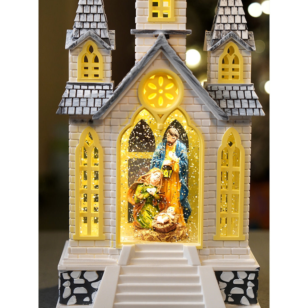 3 Tower Church with Holy Family  Decor with Musical Glitter Water, Rotation &  Light, Christmas Home Décor