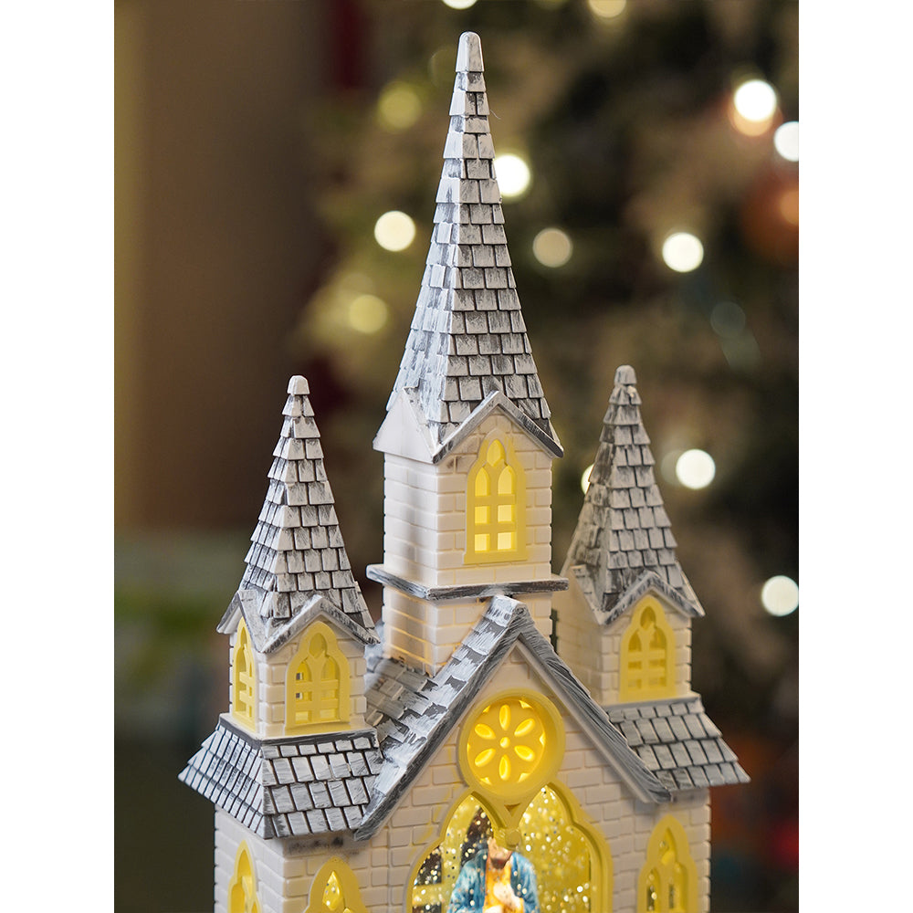 3 Tower Church with Holy Family  Decor with Musical Glitter Water, Rotation &  Light, Christmas Home Décor