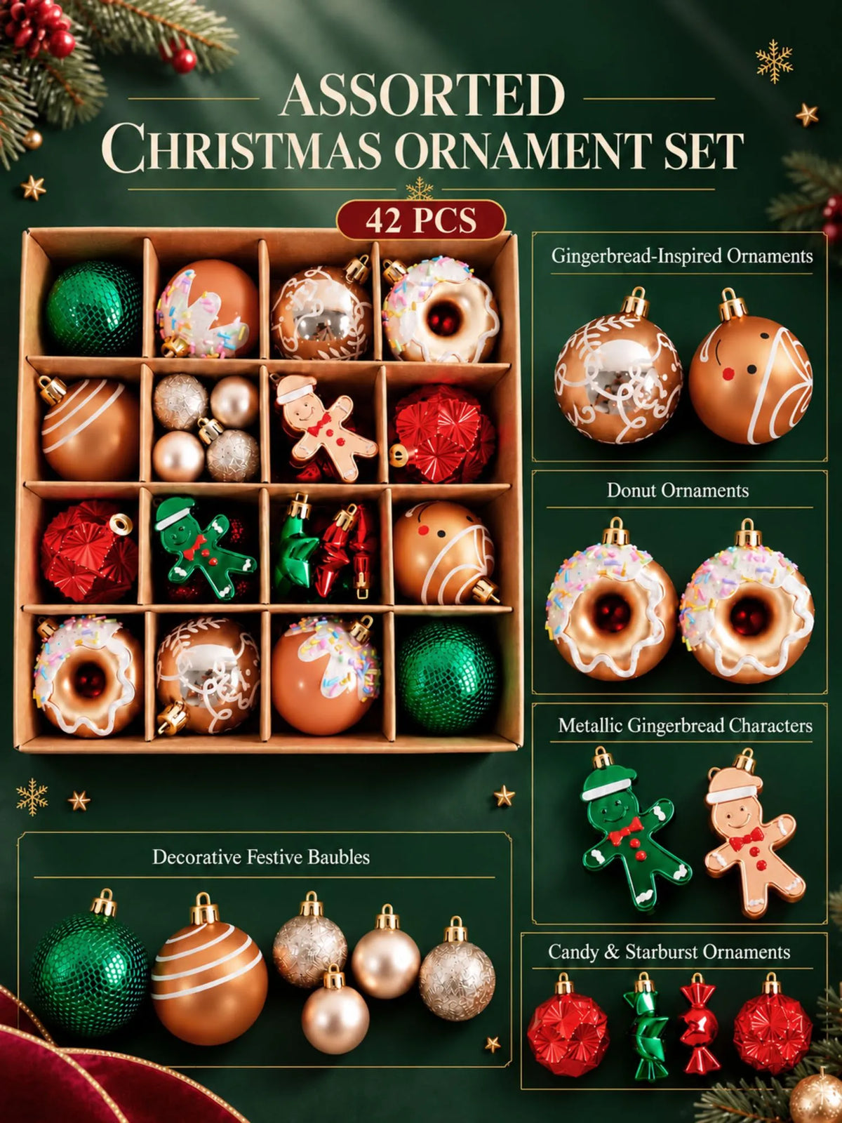 42 pcs Gingerbread Candyland Christmas Tree Ornaments, Xmas Tree Decoration Balls Set