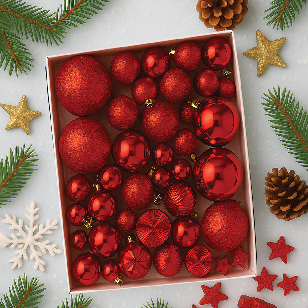 45 pcs  Red Shiny Mix themed Christmas Balls tree hanging, XMAS Decoration set.