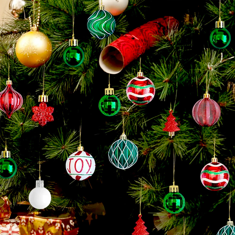 46pcs  Joy Swirls Red, Green & White Christmas Tree Balls and xmas Tree decoration set