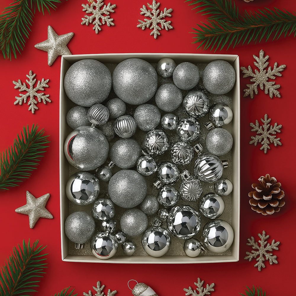 46 pcs  Silver Shiny Mix themed Christmas Balls tree hanging, XMAS Decoration set.