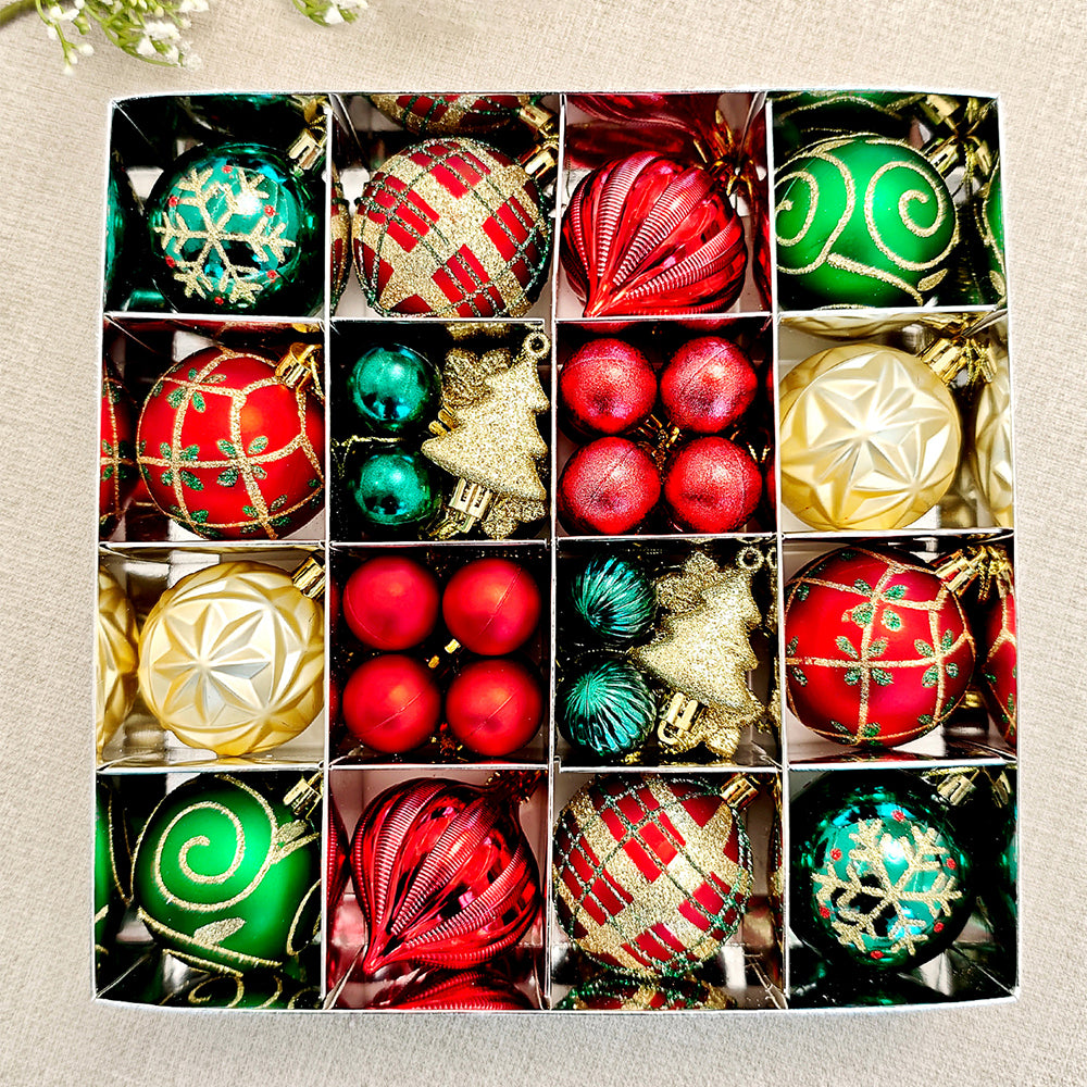 46pcs  Stripes & Flakes Red, Green Gold Christmas Tree Balls and xmas Tree decoration set