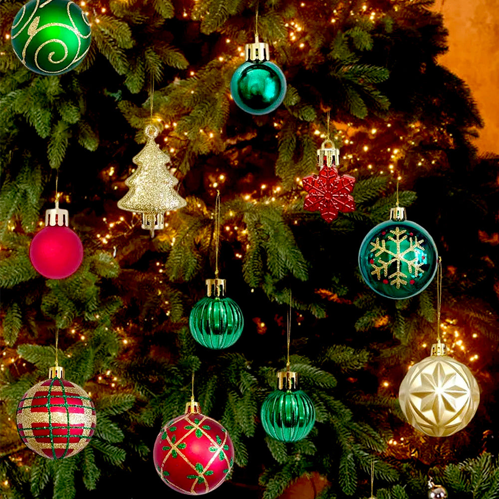 46pcs  Stripes & Flakes Red, Green Gold Christmas Tree Balls and xmas Tree decoration set