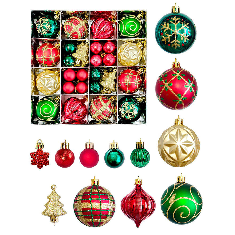 46pcs  Stripes & Flakes Red, Green Gold Christmas Tree Balls and xmas Tree decoration set