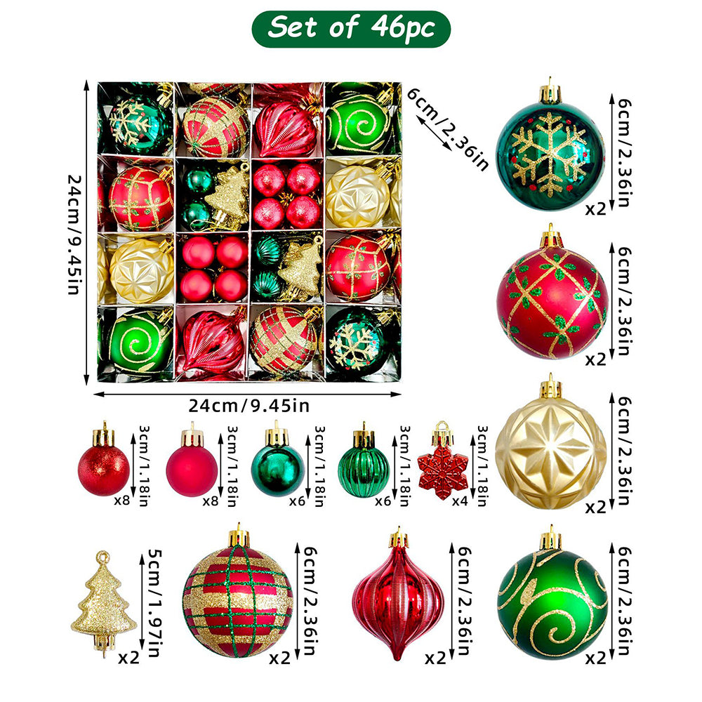 46pcs  Stripes & Flakes Red, Green Gold Christmas Tree Balls and xmas Tree decoration set