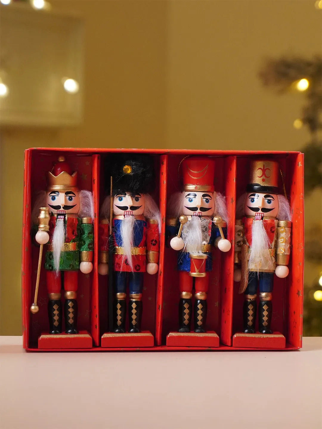 Royal Glitter Set of 4 Wooden Nutcrackers, Christmas Tree Ornaments, 5.1 inches ht