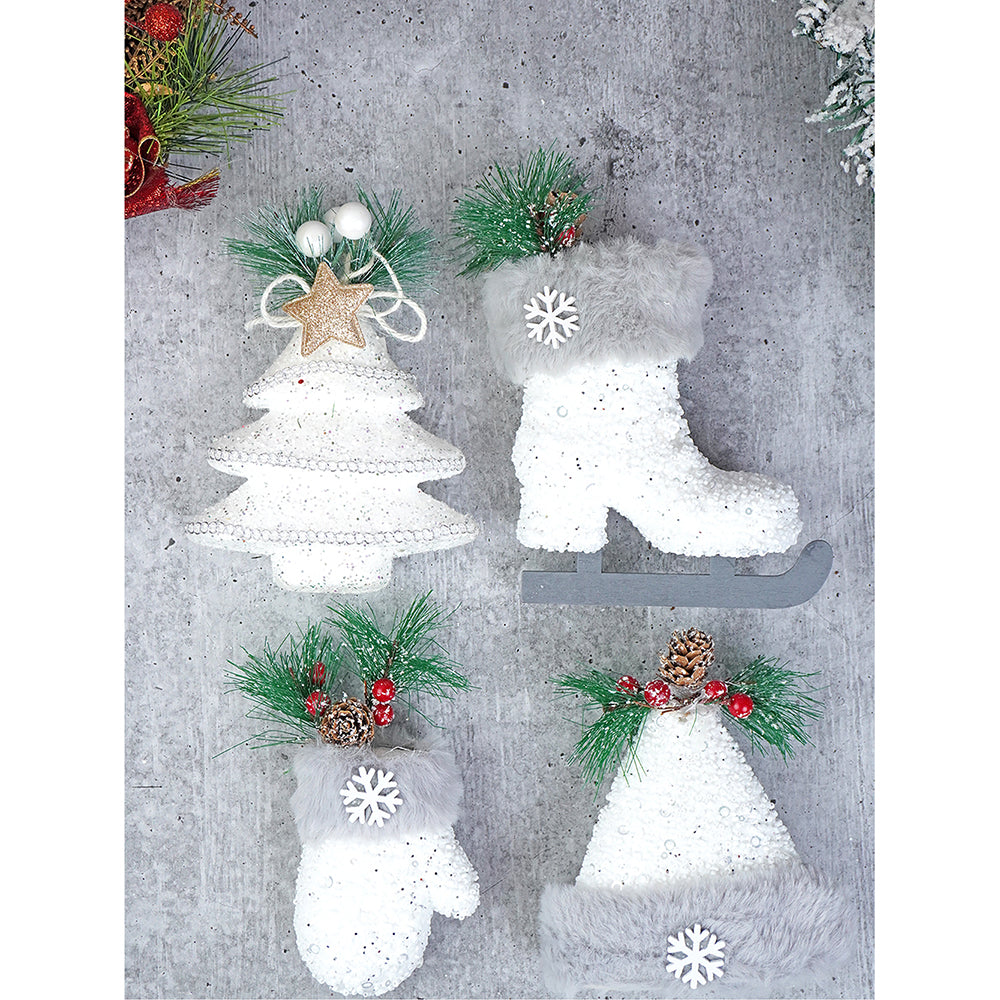 4 pcs Silver Furry Winter Accessories themed Christmas Tree Ornaments