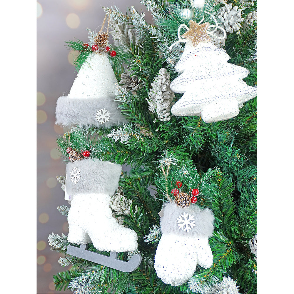 4 pcs Silver Furry Winter Accessories themed Christmas Tree Ornaments