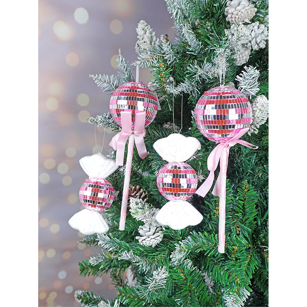 4 pcs Pink Shiny Disco themed medium Sized candy shaped Christmas Tree Ornaments