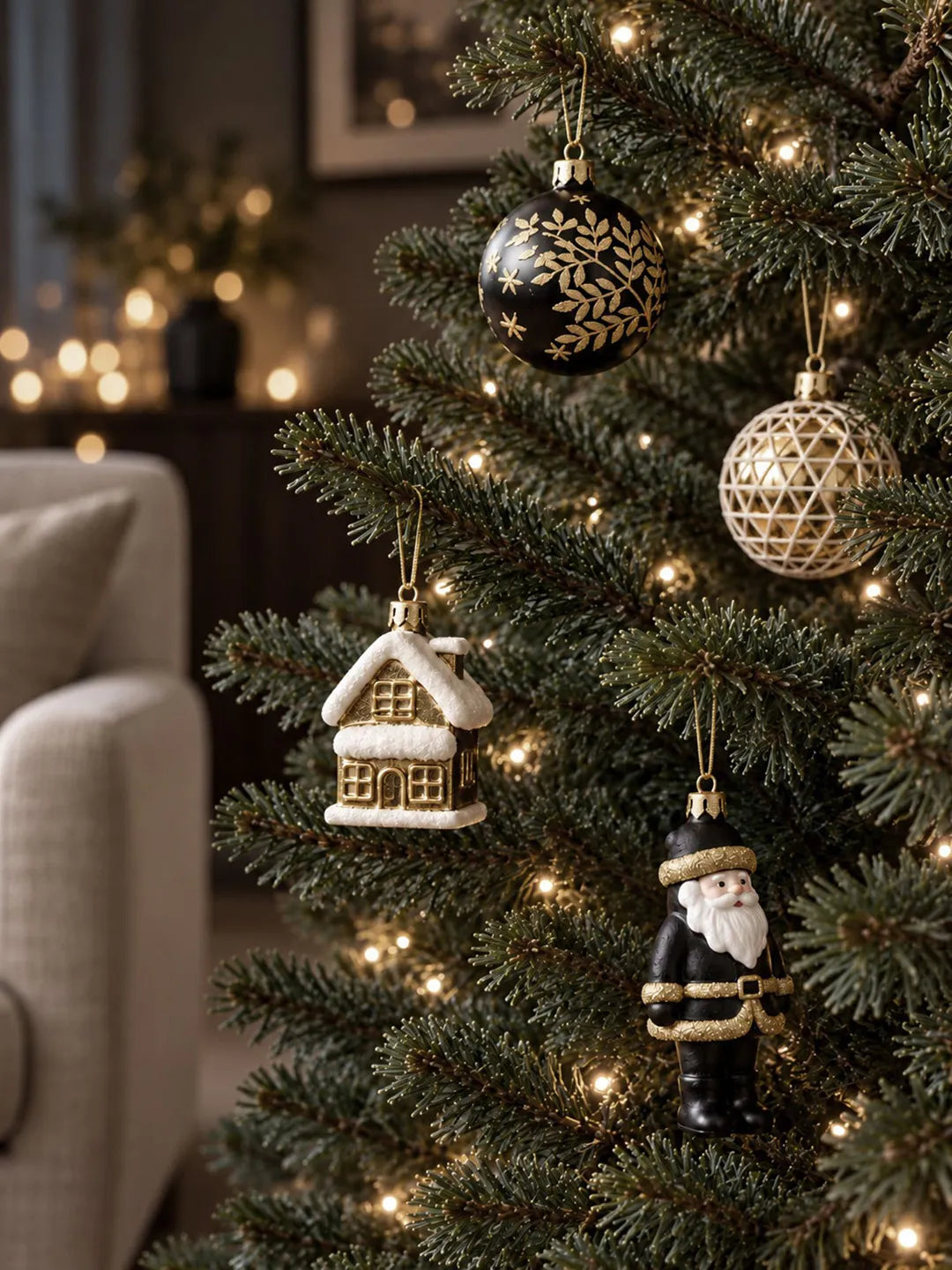 50 pcs Black & Gold Wonderland Christmas Tree Ornaments, Xmas Tree Decoration Balls Set