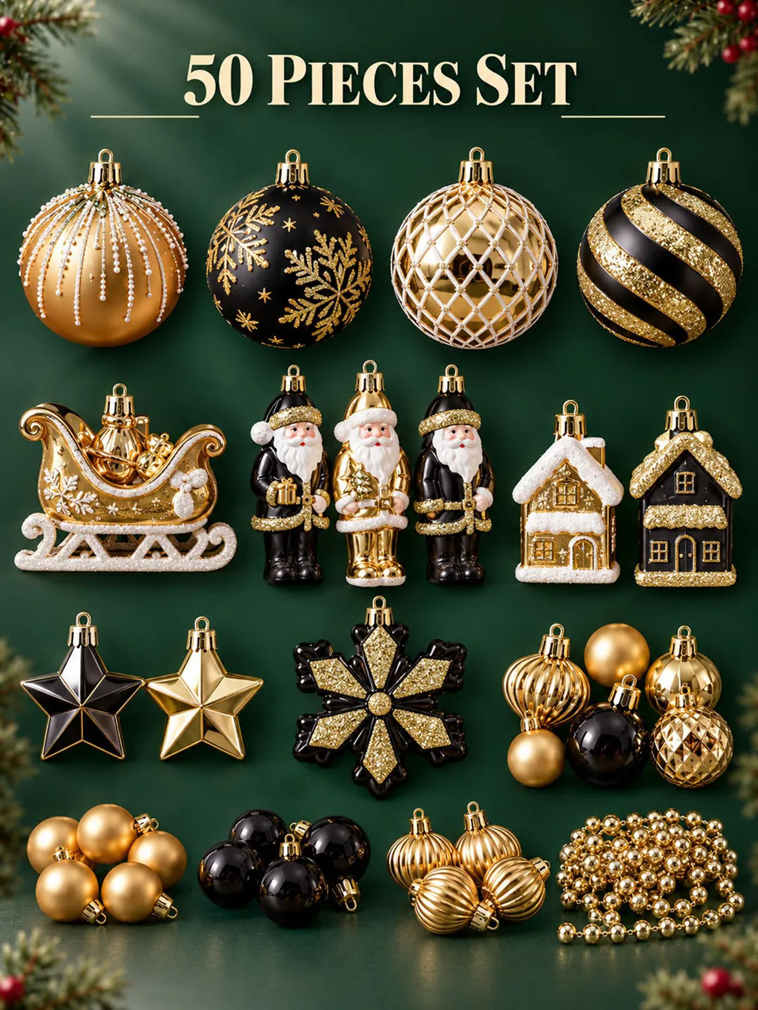 50 pcs Black & Gold Wonderland Christmas Tree Ornaments, Xmas Tree Decoration Balls Set