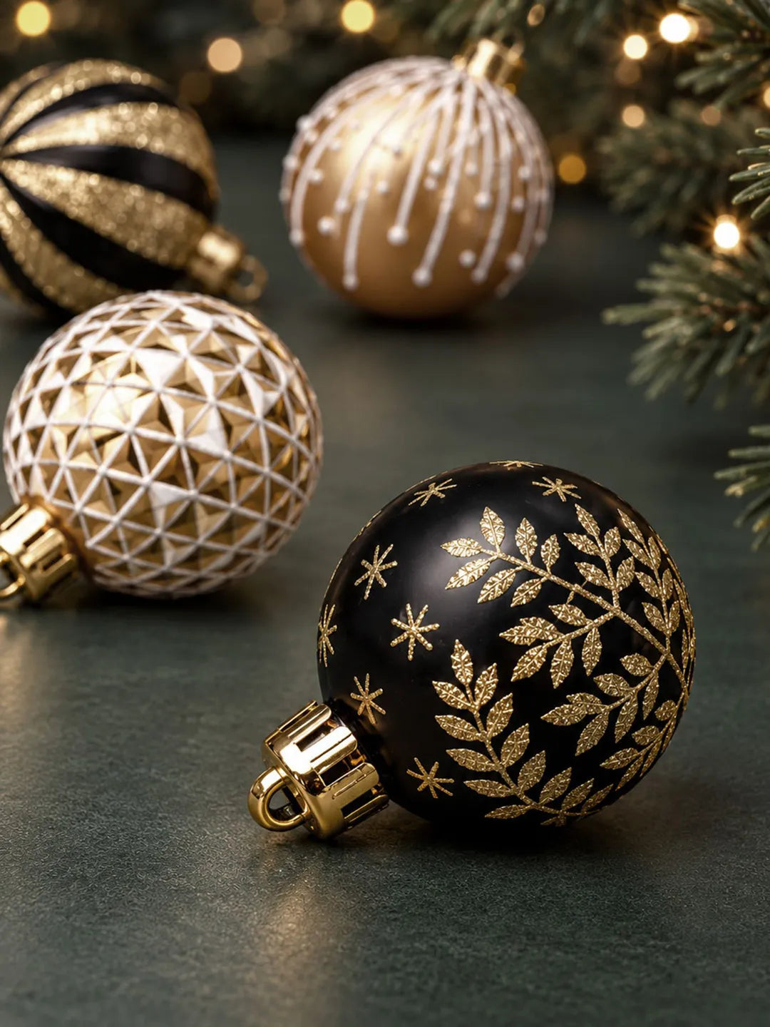 50 pcs Black & Gold Wonderland Christmas Tree Ornaments, Xmas Tree Decoration Balls Set
