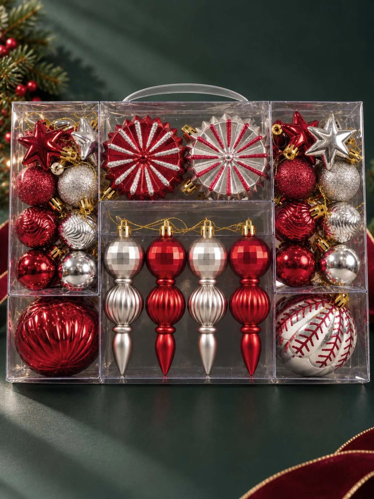 52 pcs Burgundy & Champagne Gold Christmas Tree Ornaments, Xmas Tree Decoration Balls Set