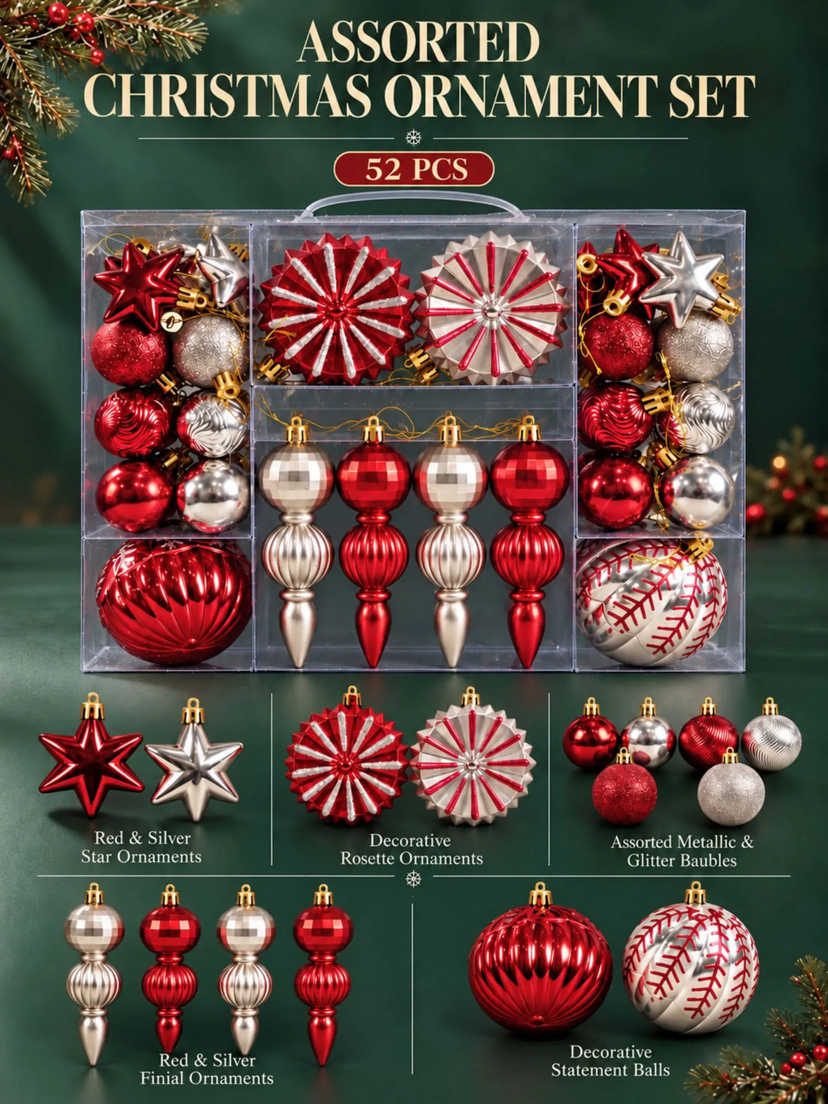 52 pcs Burgundy & Champagne Gold Christmas Tree Ornaments, Xmas Tree Decoration Balls Set