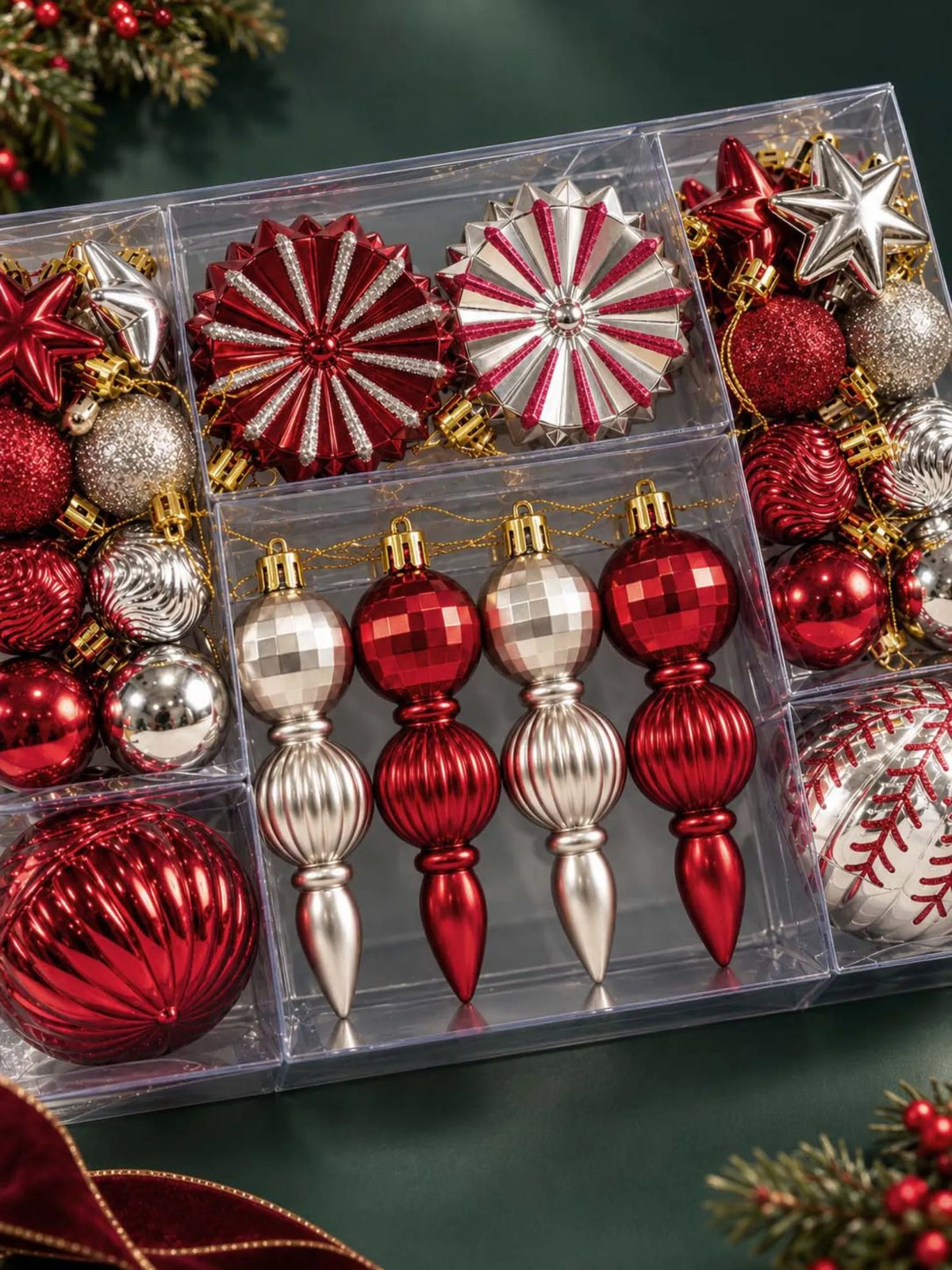 52 pcs Burgundy & Champagne Gold Christmas Tree Ornaments, Xmas Tree Decoration Balls Set