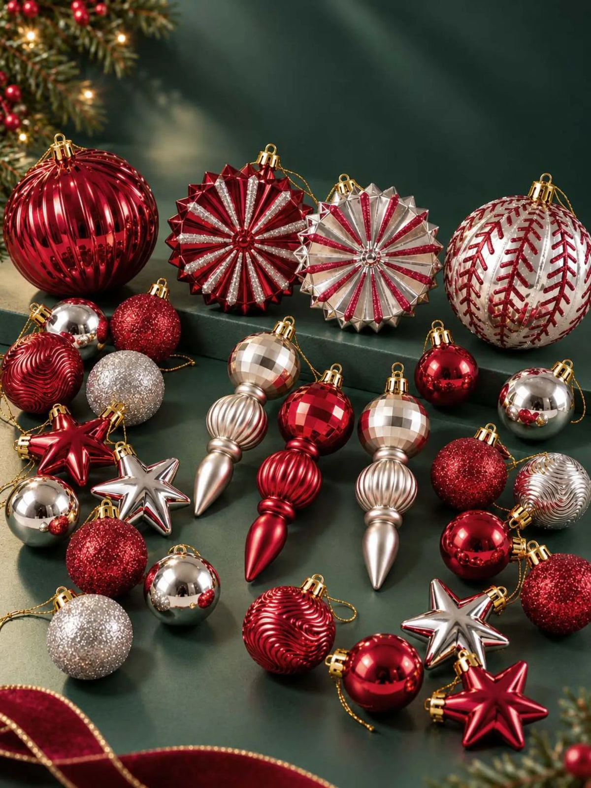 52 pcs Burgundy & Champagne Gold Christmas Tree Ornaments, Xmas Tree Decoration Balls Set