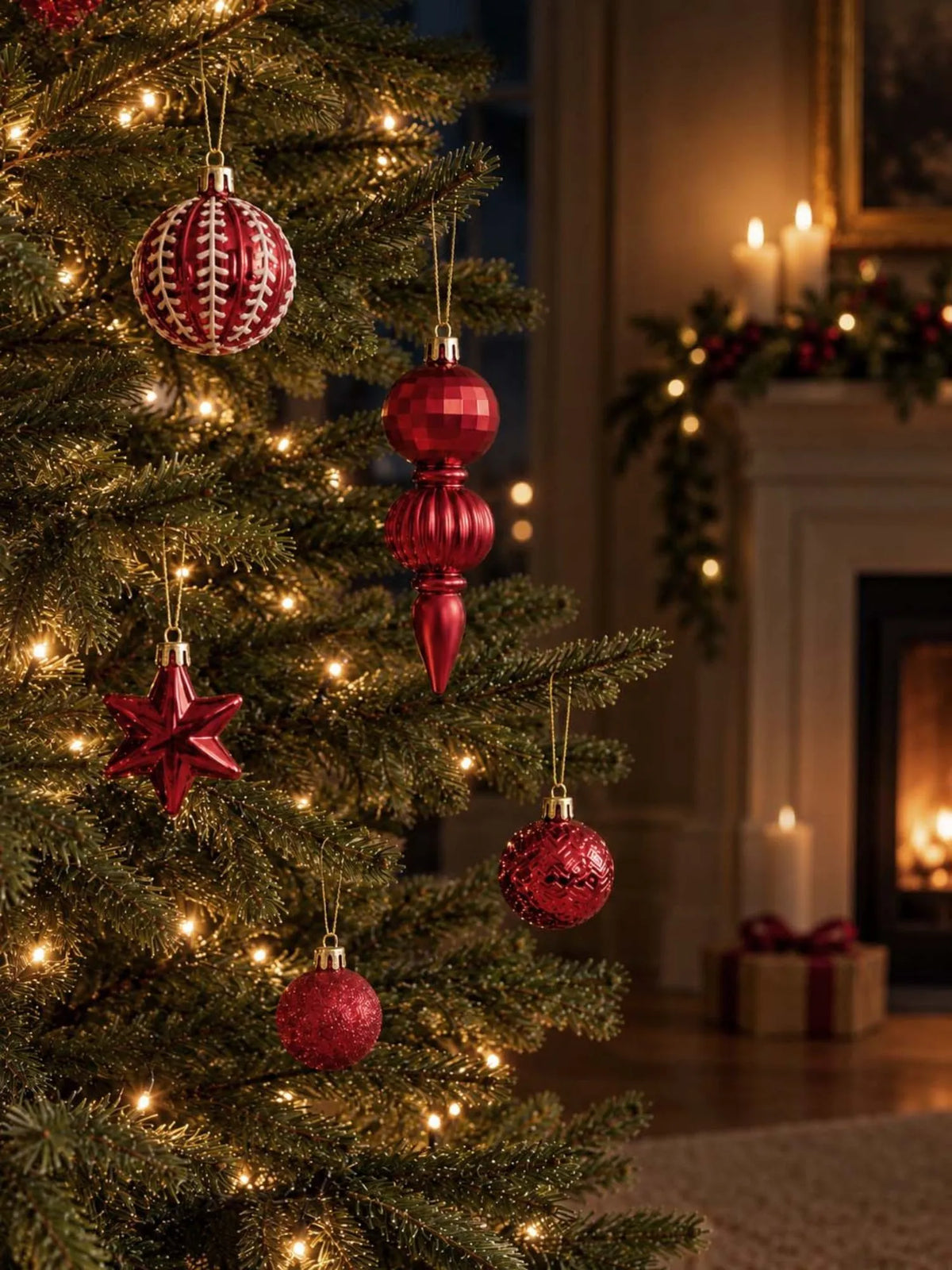 52 pcs Classic Ruby Christmas Tree Ornaments, Xmas Tree Decoration Balls Set