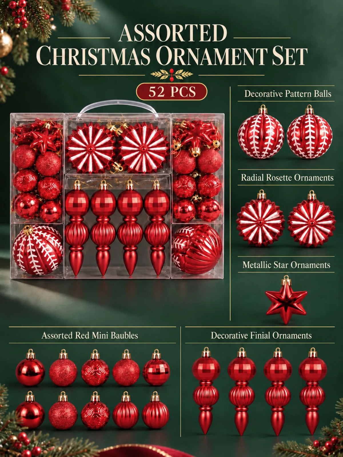 52 pcs Classic Ruby Christmas Tree Ornaments, Xmas Tree Decoration Balls Set