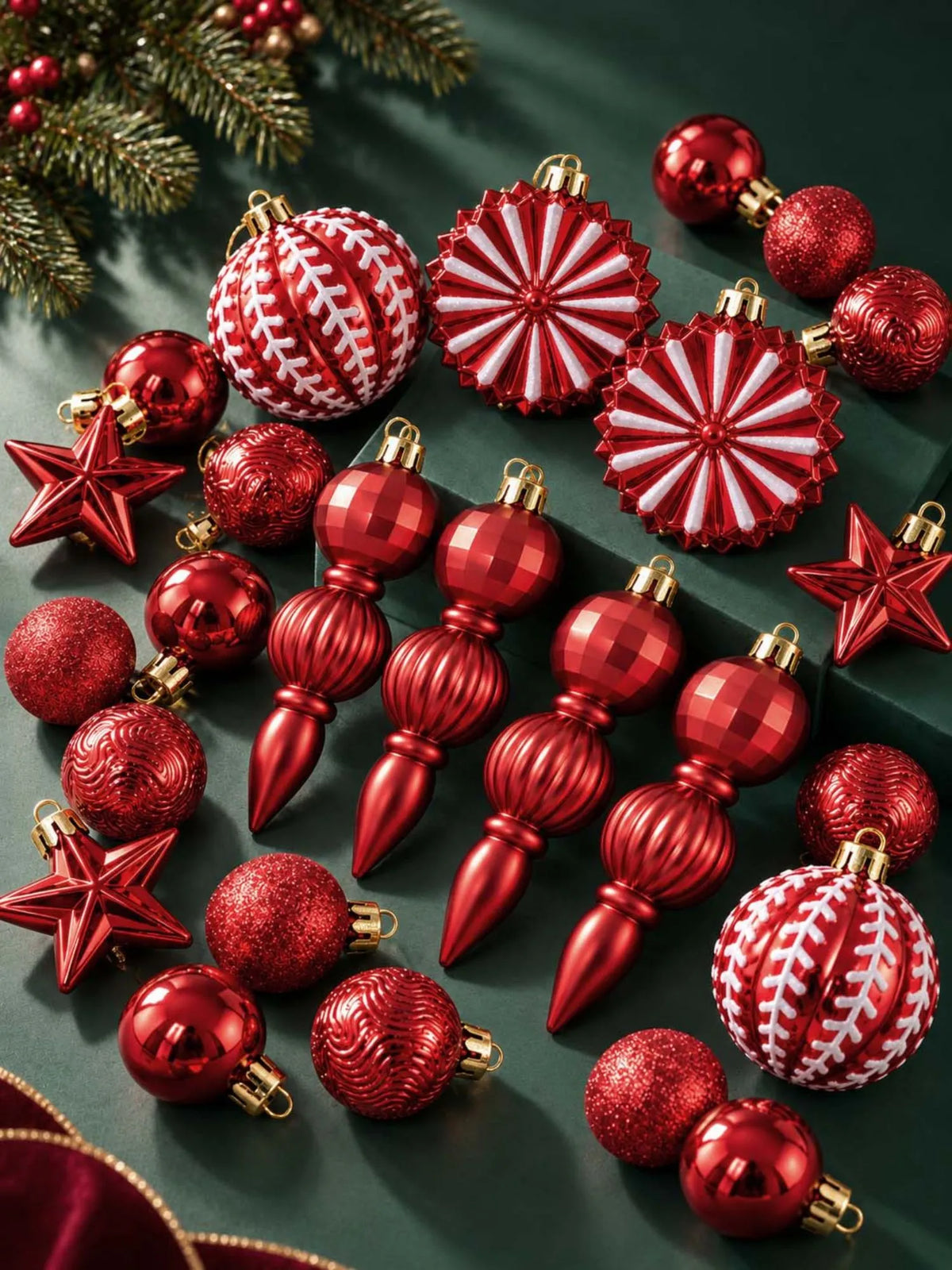 52 pcs Classic Ruby Christmas Tree Ornaments, Xmas Tree Decoration Balls Set