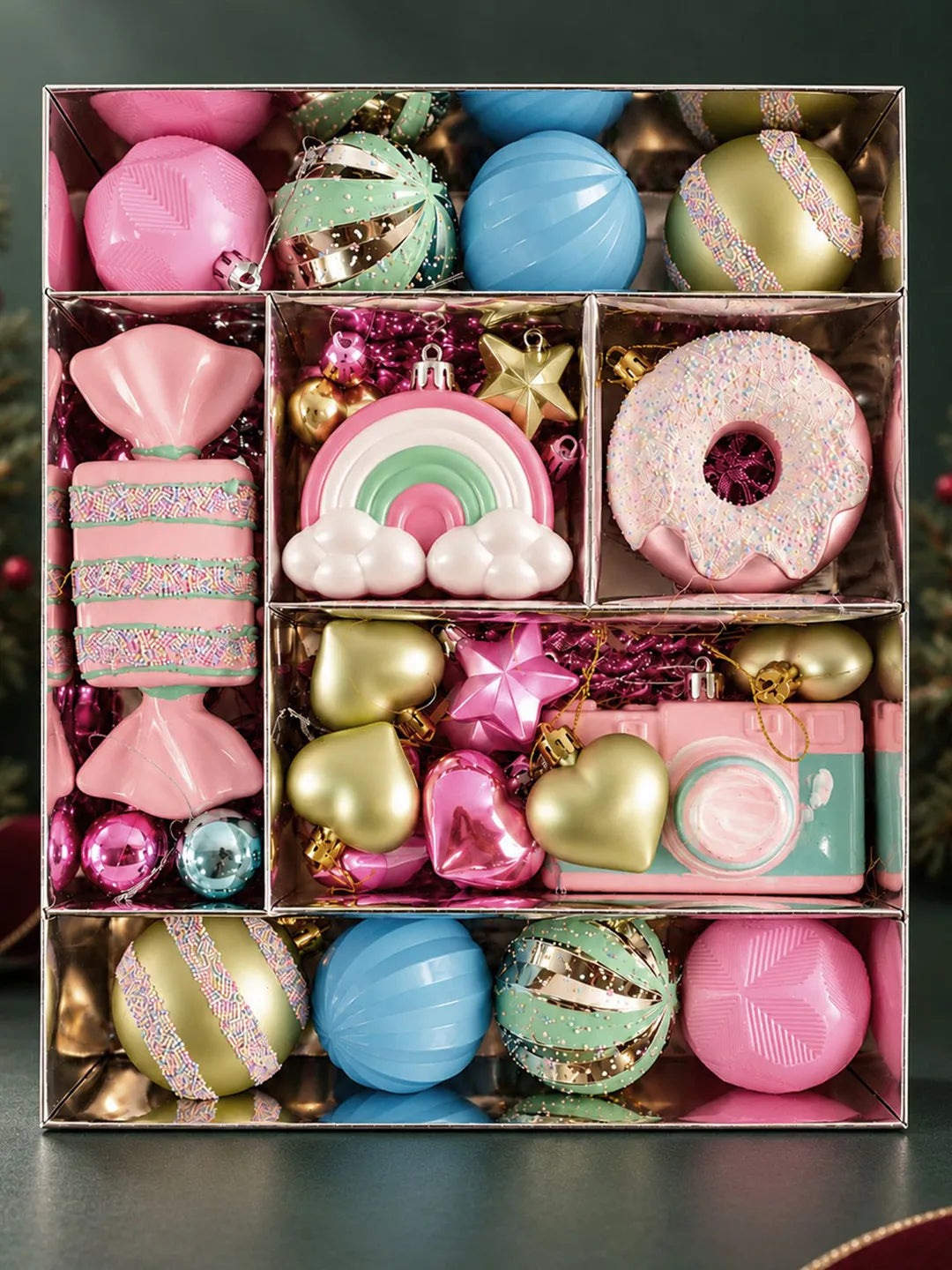 58 pcs Pastel Camera Candy Christmas Tree Ornaments, Xmas Tree Decoration Balls Set