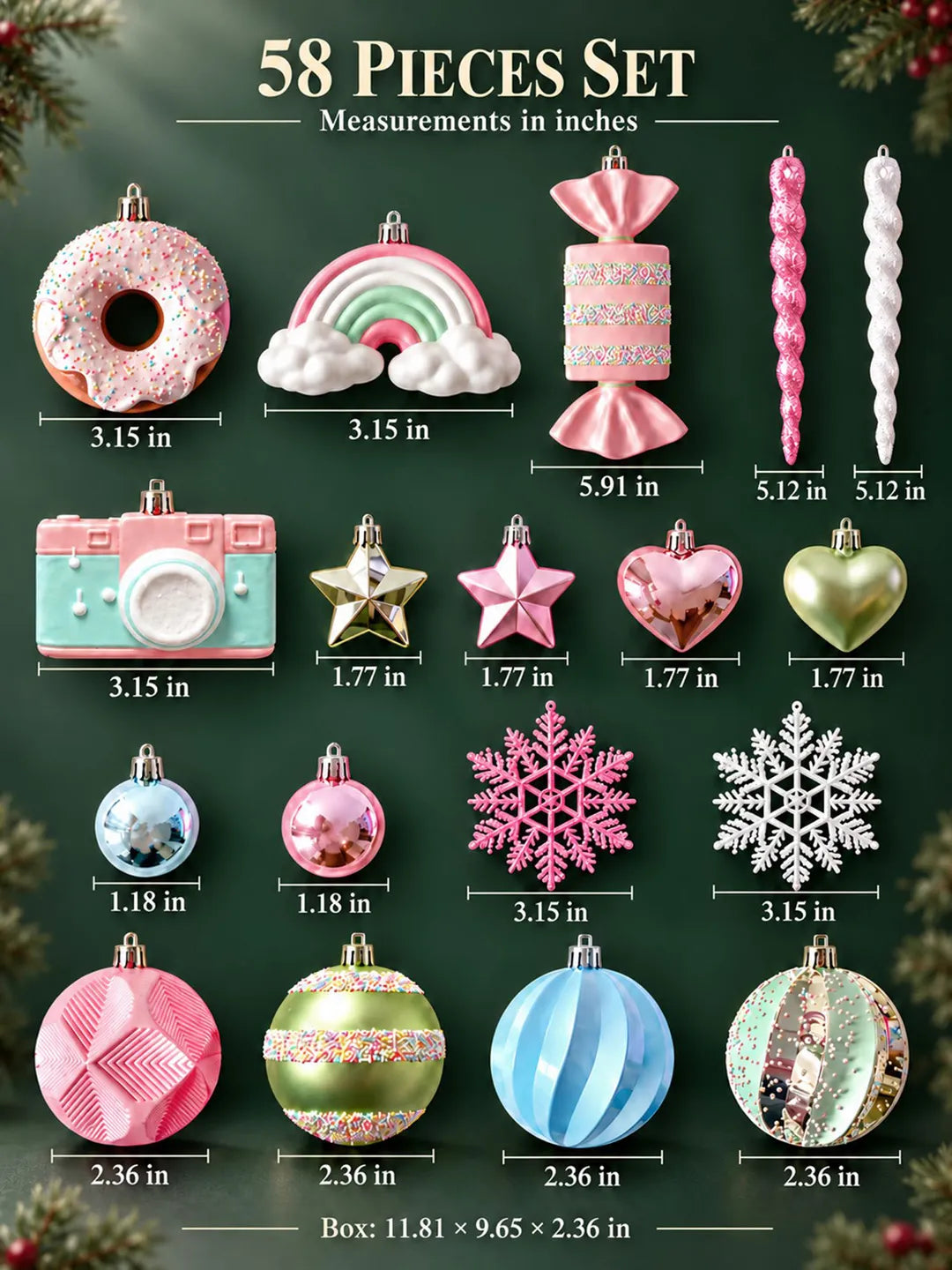 58 pcs Pastel Camera Candy Christmas Tree Ornaments, Xmas Tree Decoration Balls Set