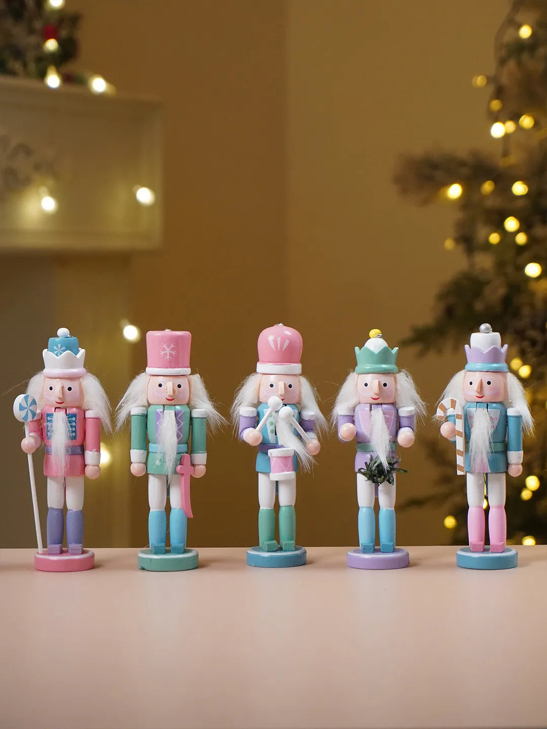 Pastel Candy Wonderland Set of 5 Wooden Nutcrackers, Christmas Tree Ornaments, 5.1 inches ht