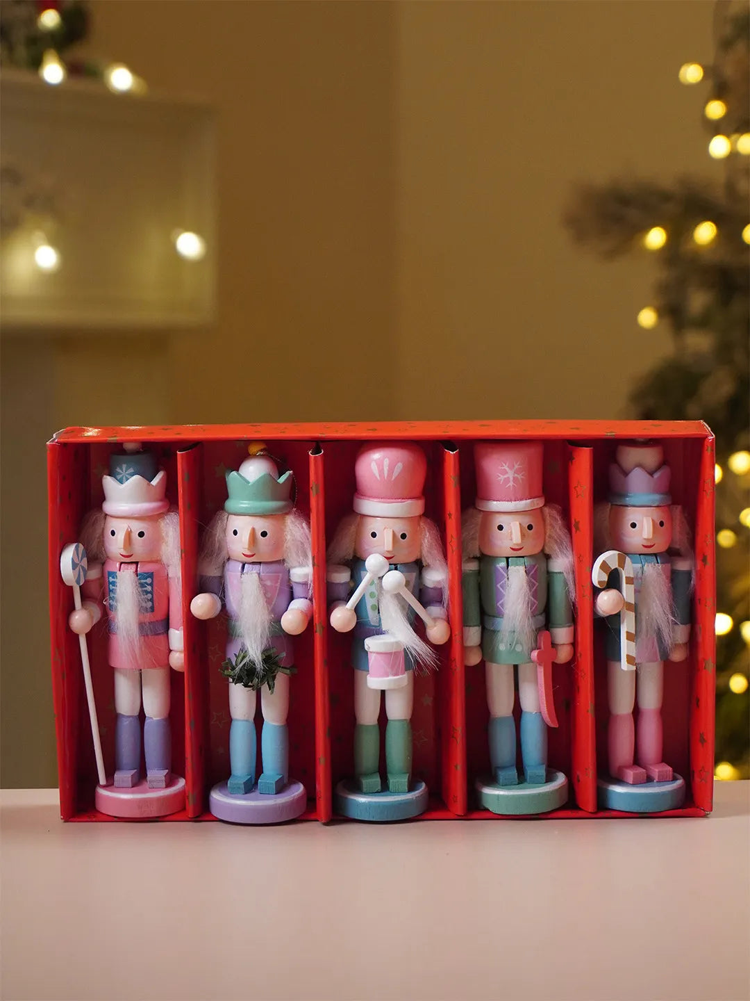 Pastel Candy Wonderland Set of 5 Wooden Nutcrackers, Christmas Tree Ornaments, 5.1 inches ht
