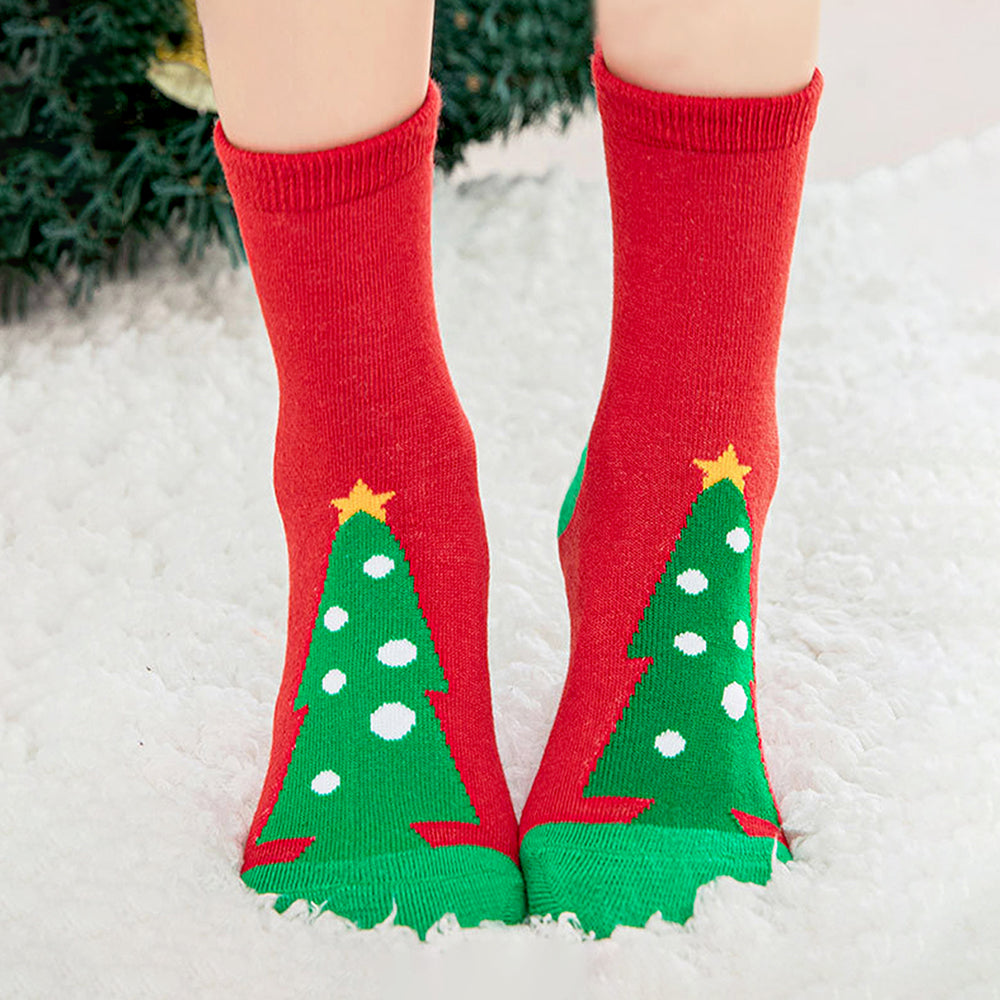 Red & Green Christmas Ankle Length Socks For Kids-Set Of 5 Pcs