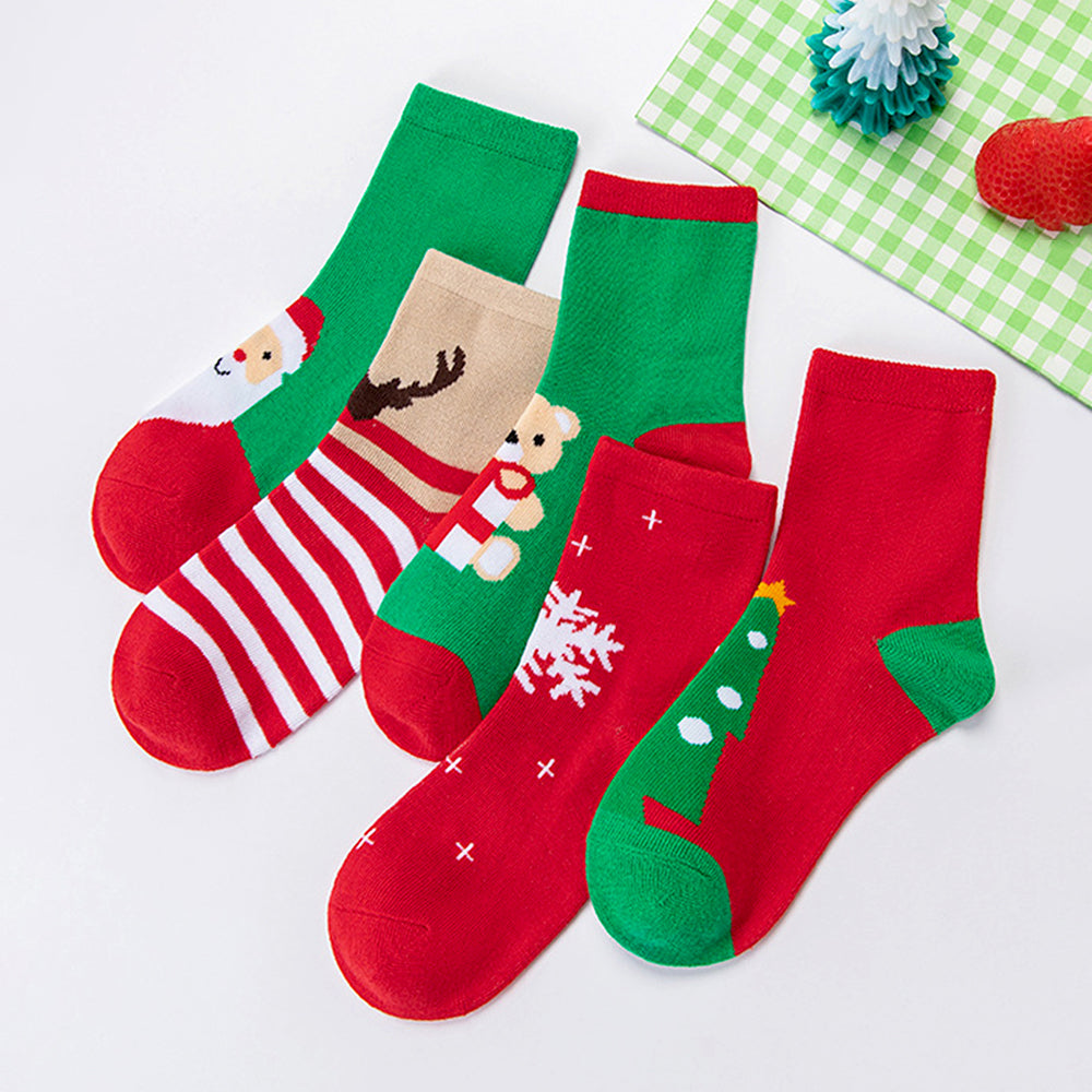 Red & Green Christmas Ankle Length Socks For Kids-Set Of 5 Pcs