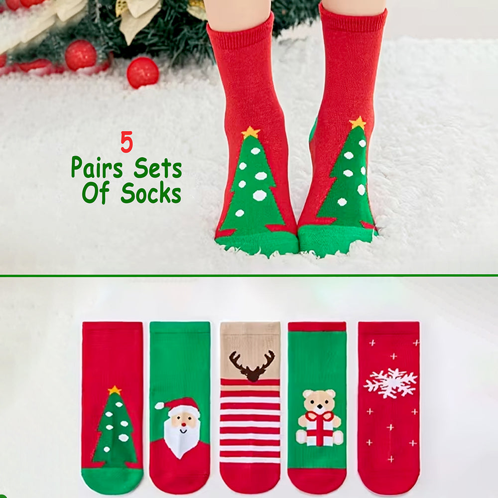 Red & Green Christmas Ankle Length Socks For Kids-Set Of 5 Pcs