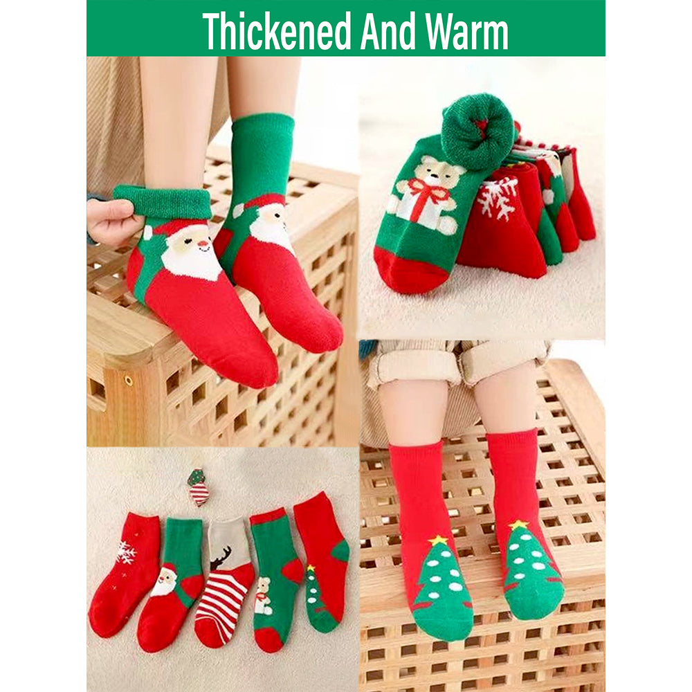 Red & Green Christmas Ankle Length Socks For Kids-Set Of 5 Pcs