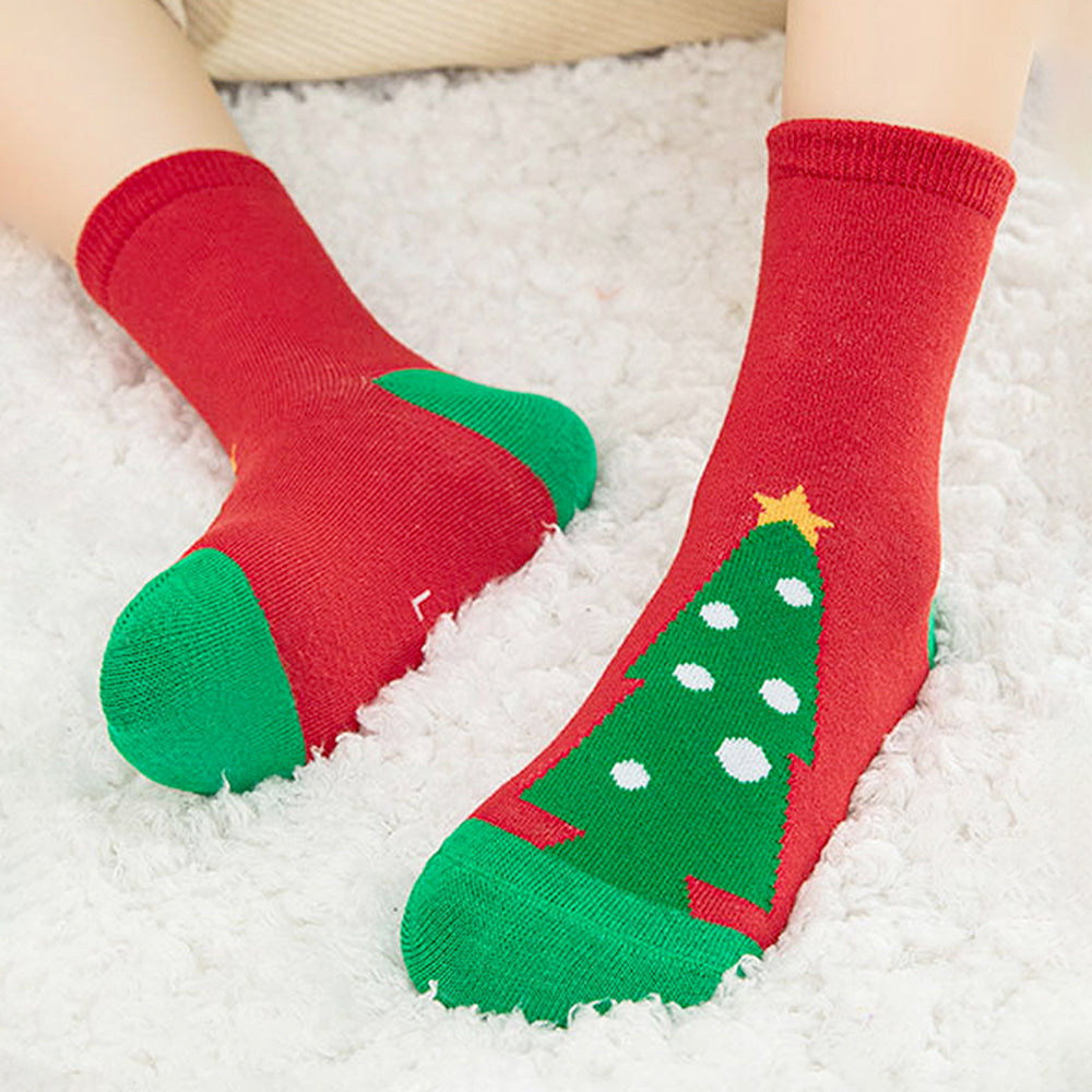 Red & Green Christmas Ankle Length Socks For Kids-Set Of 5 Pcs