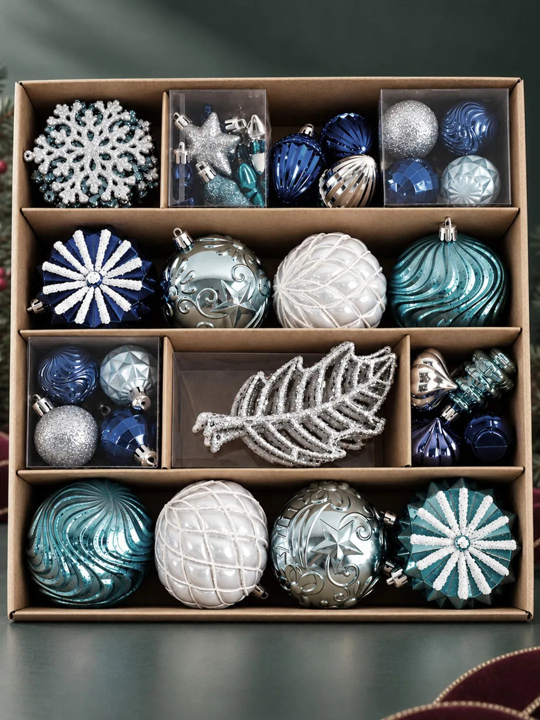 60 pcs Frosty Blue & Silver Christmas Tree Ornaments, Xmas Tree Decoration Balls Set