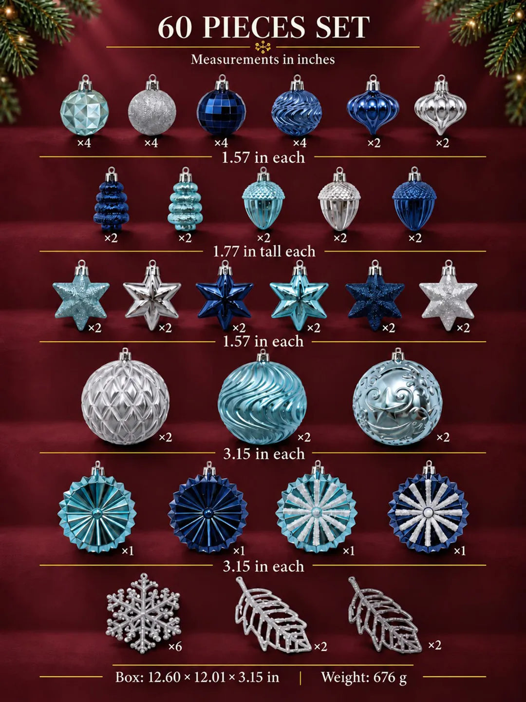 60 pcs Frosty Blue & Silver Christmas Tree Ornaments, Xmas Tree Decoration Balls Set