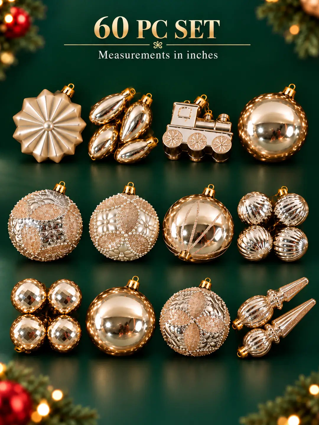 60 pcs Champagne Gold Christmas Tree Ornaments, Xmas Tree Decoration Balls Set