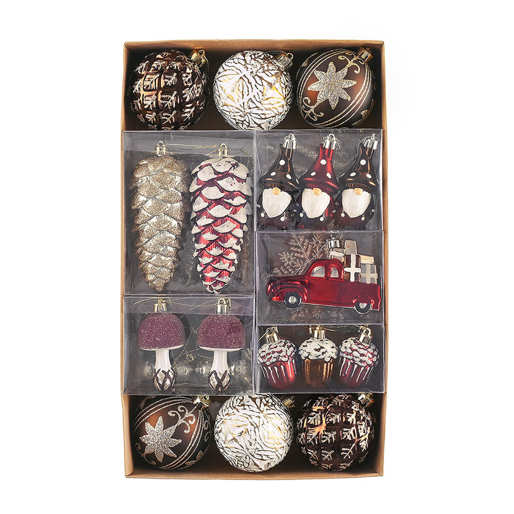 60 pcs Maroon, Brown & Gold Pinecone themed Christmas Balls tree hanging, Xmas Decoration set.